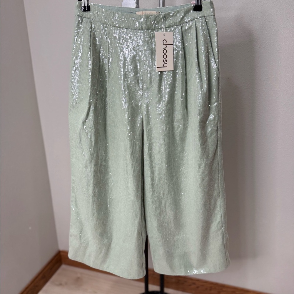 Choosy Mint Green Sequin Crop Pants | Wide Leg | Size 8 NWT